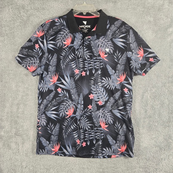 Macade Golf Other - Macade Golf Mens XL Slim Fit Tropical Floral Polo Shirt Black Pink Grey Hibiscus